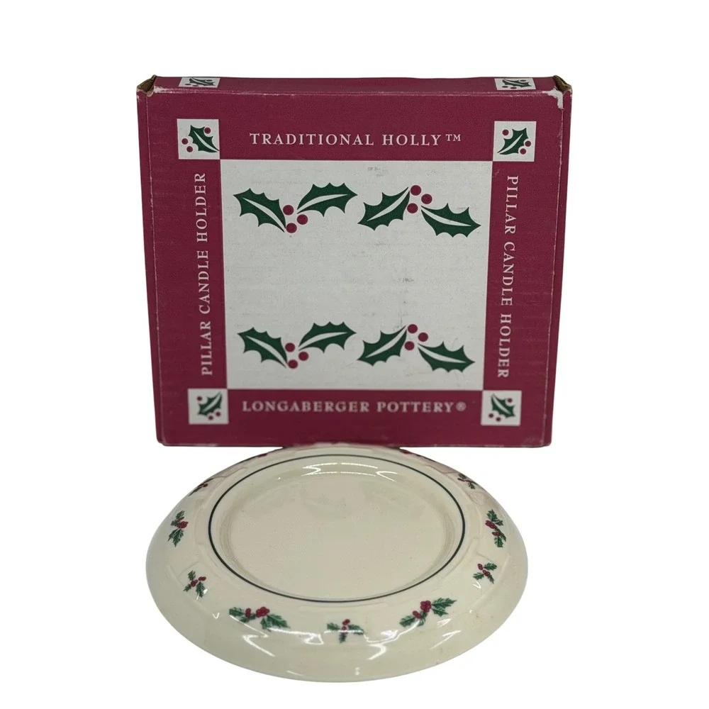 Longaberger‎ Pottery Pillar Candle Holder Traditional Holly Ivory Green Red Box